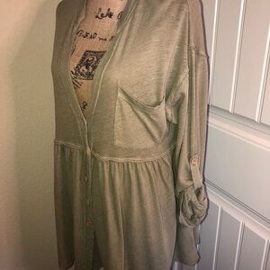 Free People We the Free Linen Button Down Sage Brown Raw Edge Cardigan Sz Small